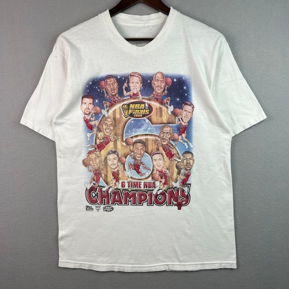 Vintage Chicago Bulls 6 Time NBA Champions Roster Bobblehead White Tee Shirt